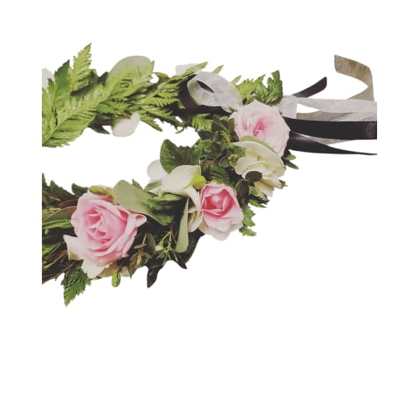 Pink and white floral crown with ribbon ties