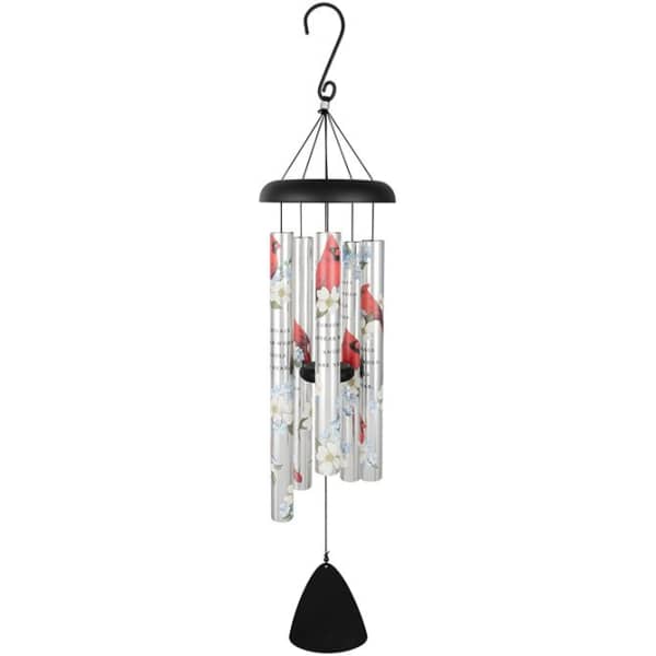 Hanging wind chime with floral-printed metal tubes and a black top and clapper