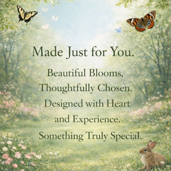 Pastel meadow scene with butterflies, a rabbit, and floral text