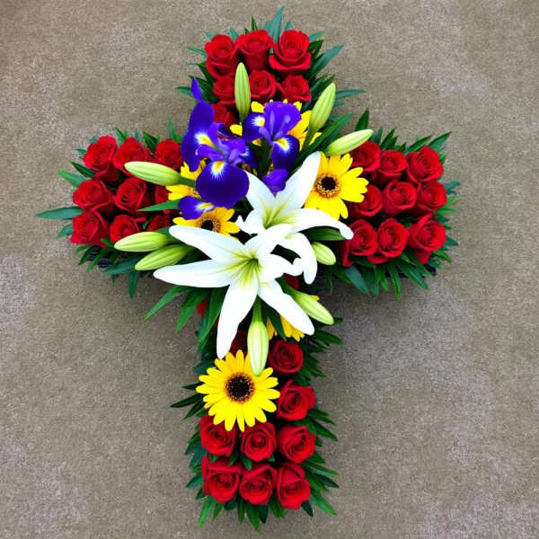 Cross-shaped floral arrangement with red roses, white lilies, and yellow daisies