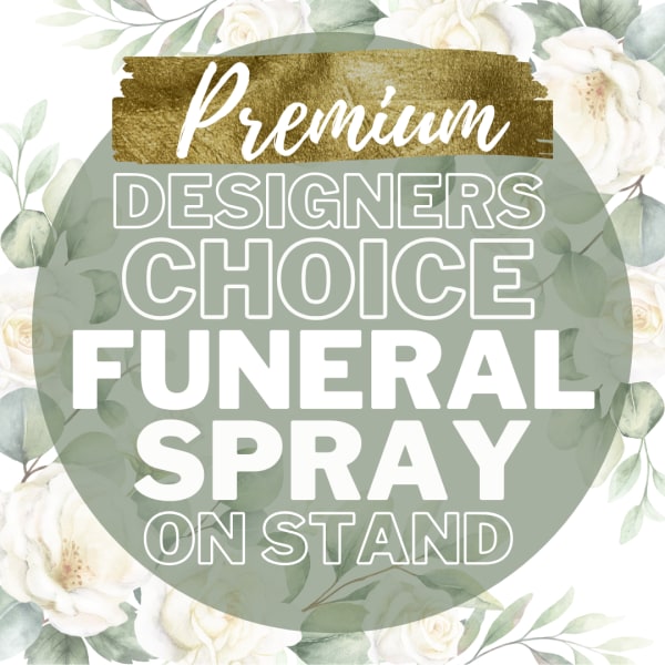 Floral funeral spray on stand with white roses and greenery