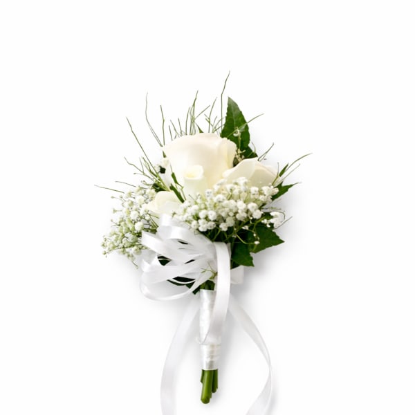 White calla lily bouquet with baby's breath and a white ribbon