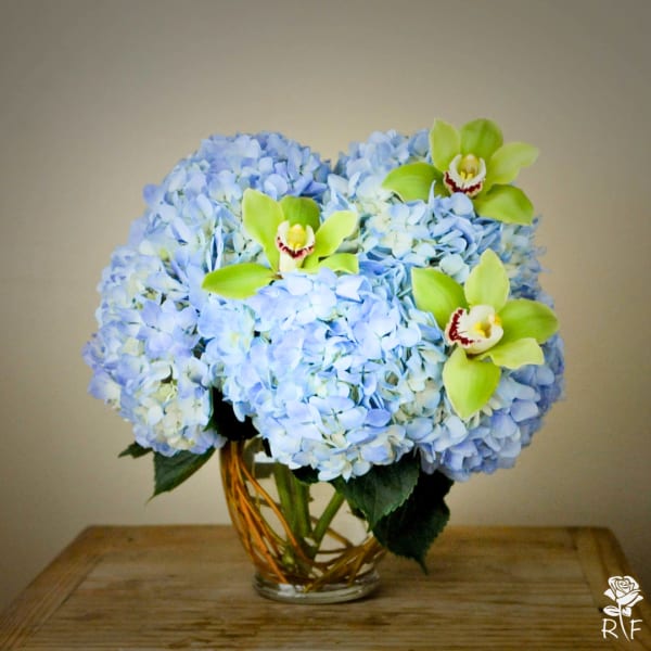 Blue hydrangea arrangement with green orchids in a glass vase