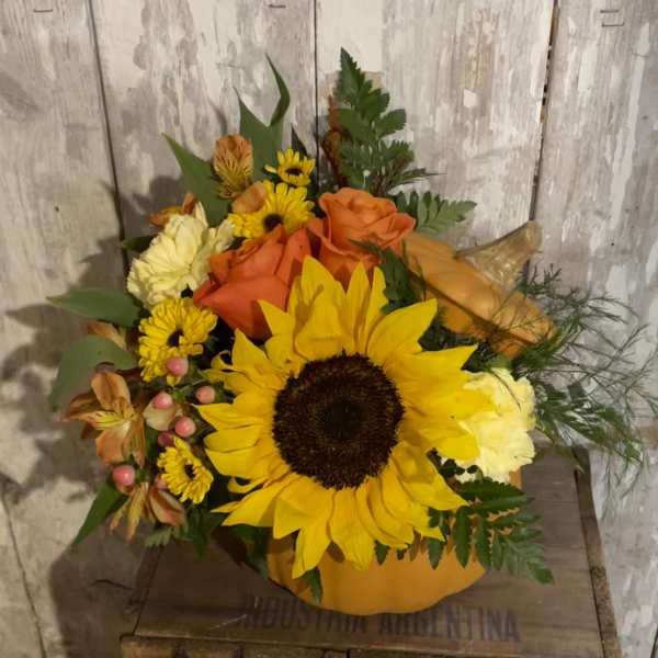 Sunflower and orange rose bouquet in a pumpkin container