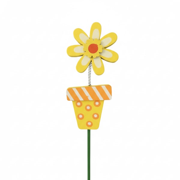 Decorative yellow flower pick in a striped pot with a green stake