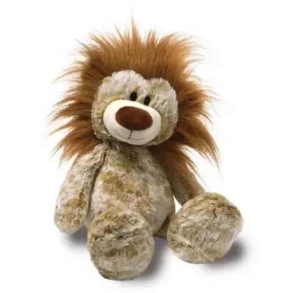 Plush lion toy with a shaggy mane sitting on a white background