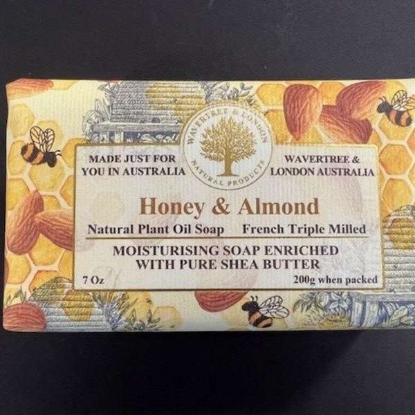 Box of honey and almond soap with bee and honeycomb artwork