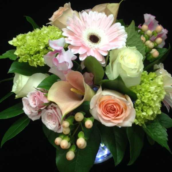 Round arrangement of pale pink gerbera, roses, calla lilies, and green hydrangea in a glass vase