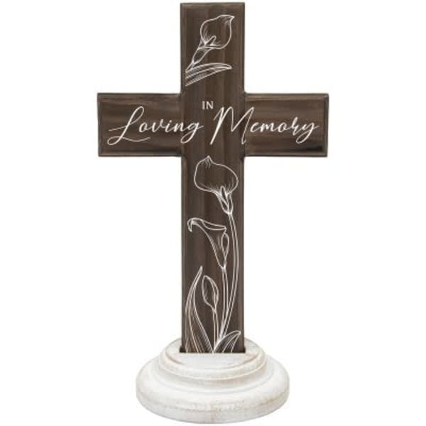 Wooden memorial cross with calla lily engraving on a white base