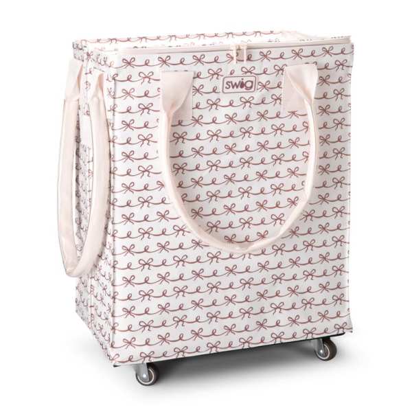 Patterned insulated rolling tote bag with handles and wheels