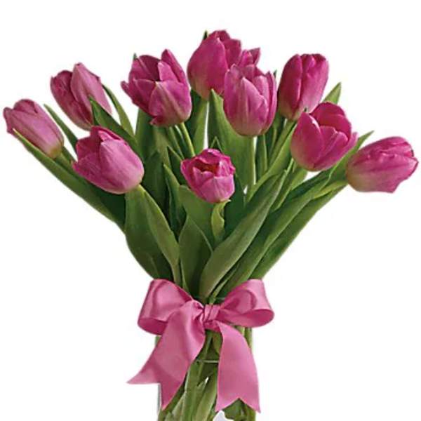 Pink tulip bouquet in a clear glass vase with a pink ribbon