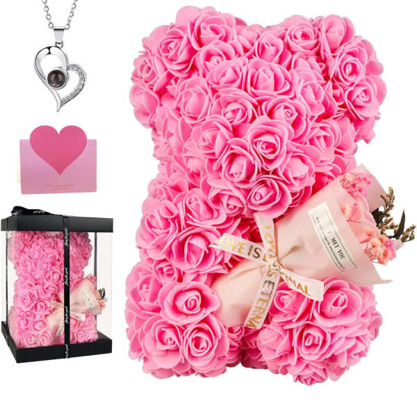 Pink rose teddy bear gift set with necklace and box