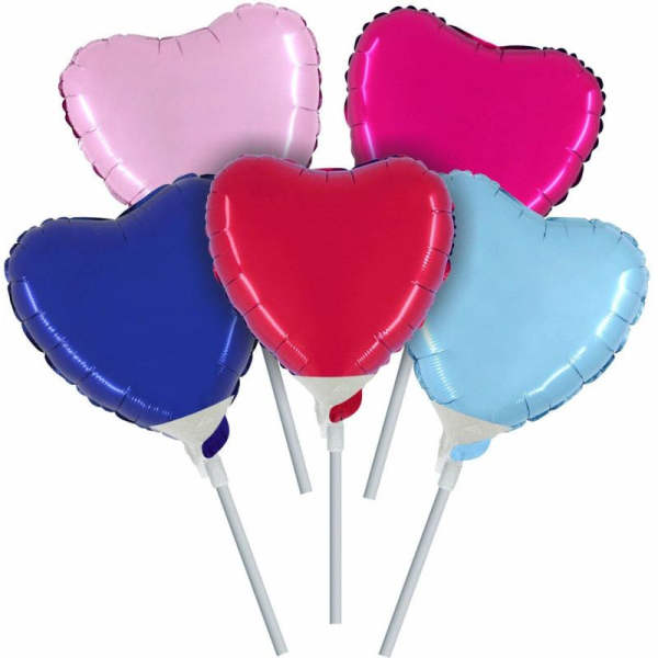 Five heart-shaped balloons in pink, red, blue, and light blue