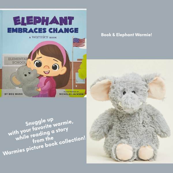 Book cover and plush elephant warmie shown side by side