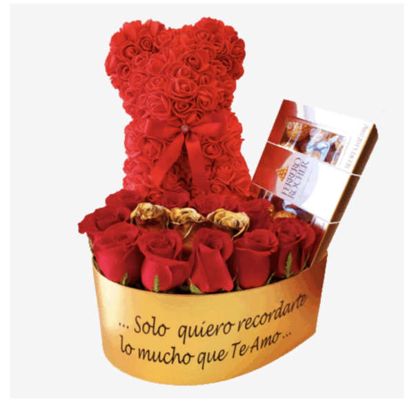 Red rose teddy bear with a box of chocolates and a rose-filled base