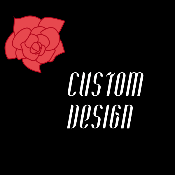 Red flower logo with the words custom design on a black background