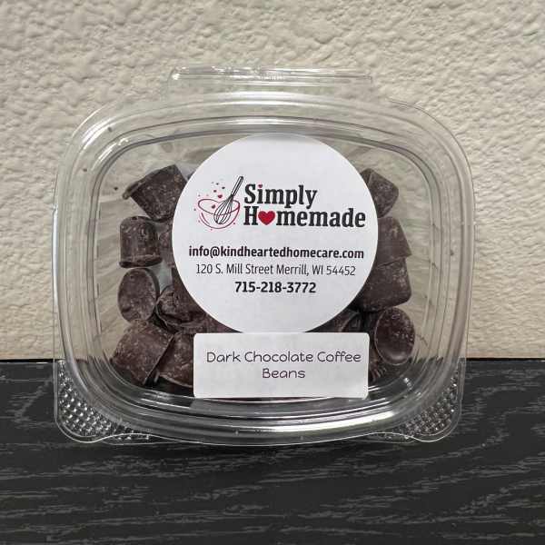 Plastic container of dark chocolate coffee beans