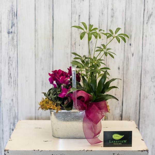 Mixed green plants and magenta flowers in a metal container with a pink ribbon bow.