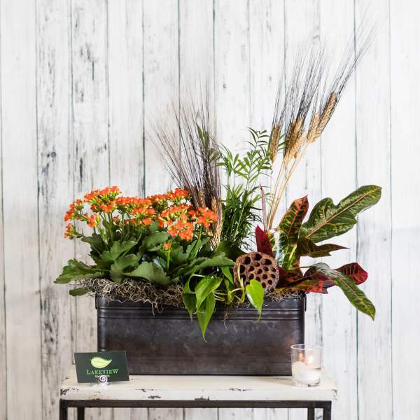 Rectangular planter of orange flowering plants and mixed foliage with tall wheat stems and a rustic accent pod