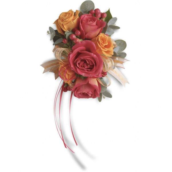 Small bouquet of pink and orange roses with ribbon