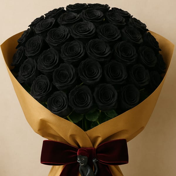Bouquet of black roses wrapped in gold paper with a burgundy ribbon
