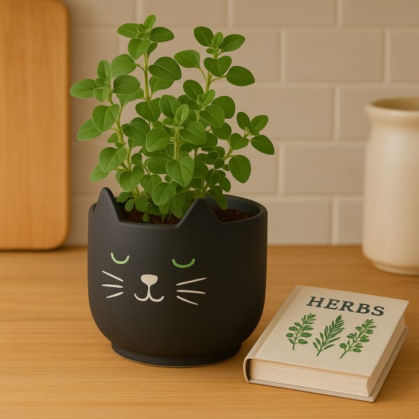 Potted herb plant in a black cat-face planter beside a herb book