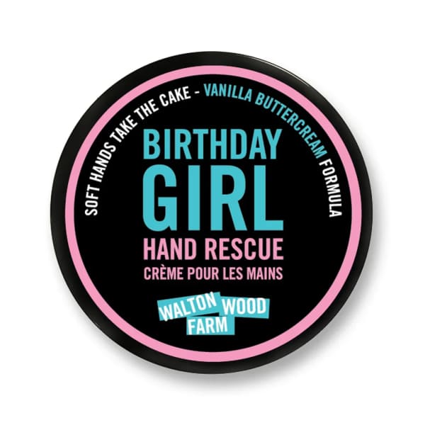 Round birthday hand cream tin with pink and blue text