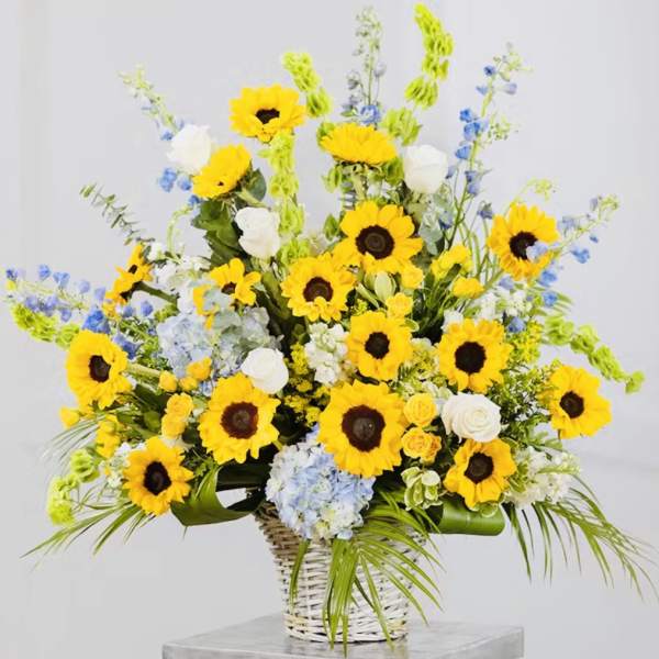Basket arrangement with yellow sunflowers, white roses, and blue flowers