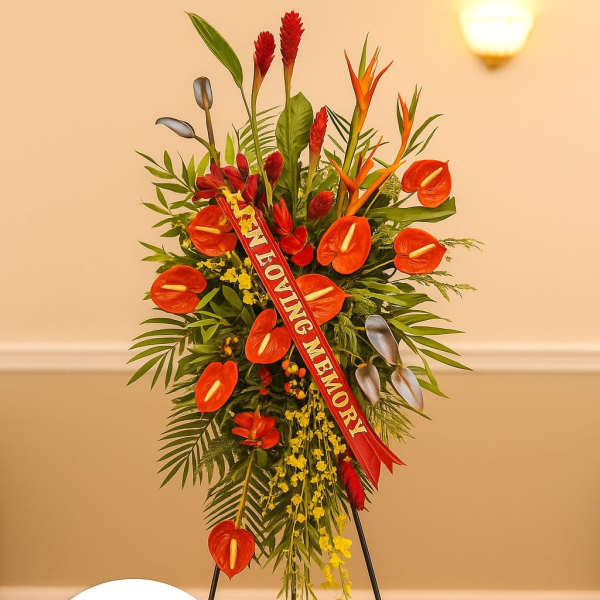Tall tropical sympathy standing spray with red-orange flowers on an easel