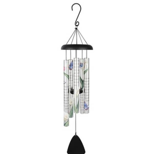 Decorative hanging wind chime with floral tube panels and a black striker