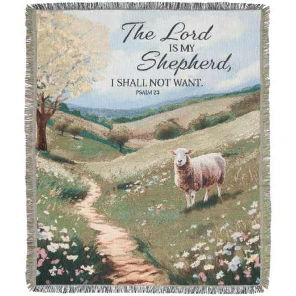 Fringed blanket with a pastoral sheep scene and Psalm 23 text