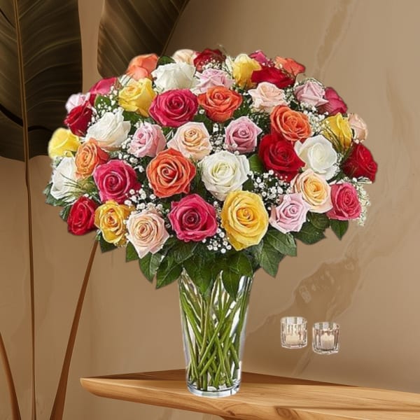 Mixed roses in a clear glass vase with baby's breath
