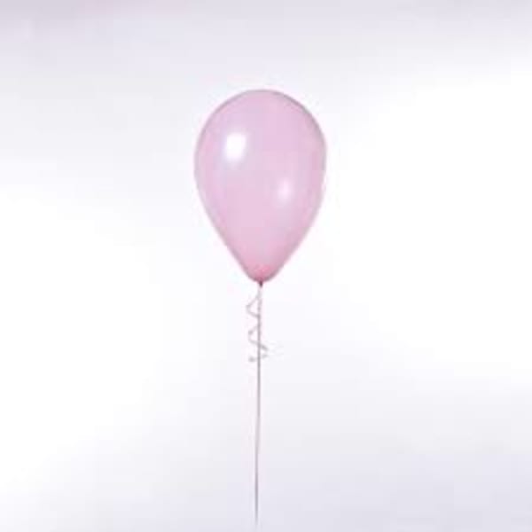 Single pink balloon on a stick against a white background