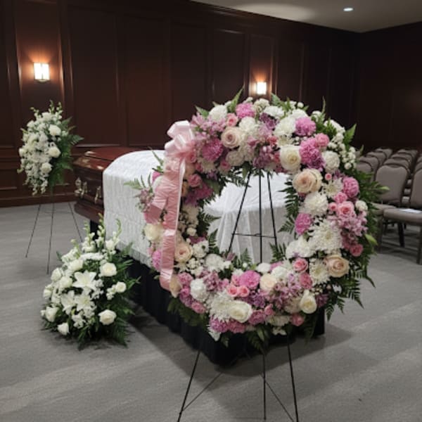 Large pink and white floral wreath on a stand beside a casket