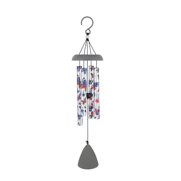 Decorative wind chime with butterfly-patterned tubes and a gray clapper