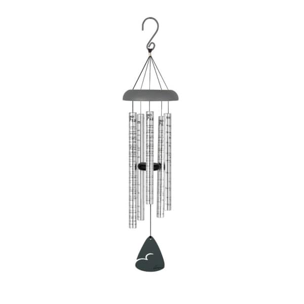 Hanging metal wind chime with silver tubes and a dark clapper