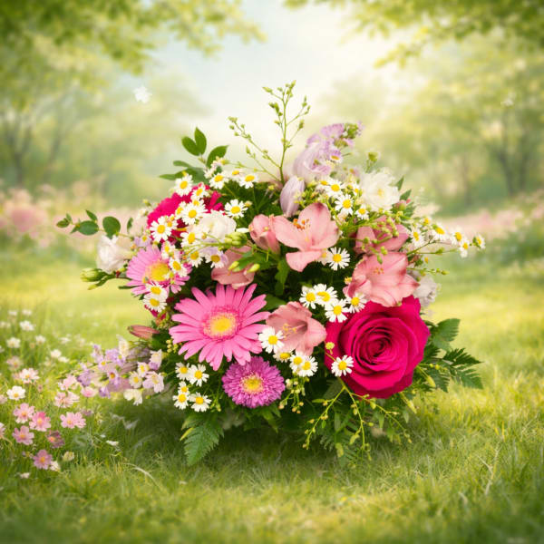 Pink and white mixed flower bouquet with a bright rose and daisies