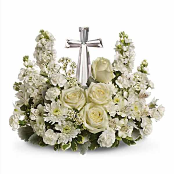 White floral arrangement with roses and a silver ribbon cross