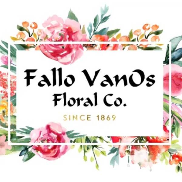 Floral logo with pink flowers framing the text "Fallo Vanos Floral Co."
