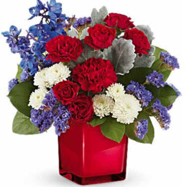 Red roses, white carnations, and blue flowers in a red vase