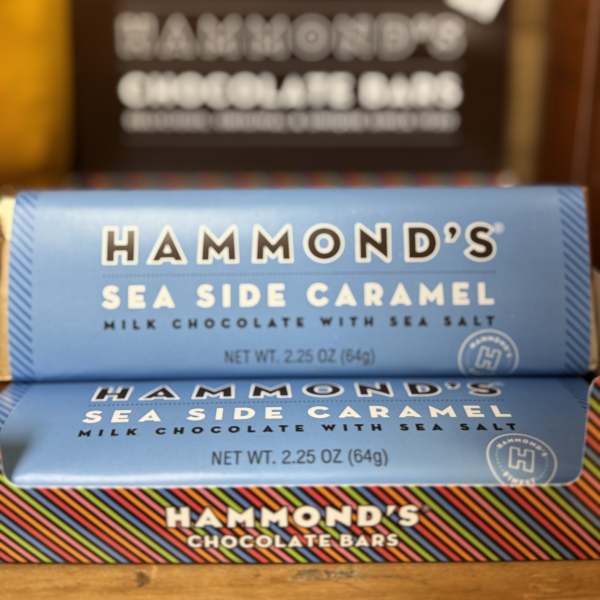 Stacked Hammond's chocolate bars in blue and striped wrappers