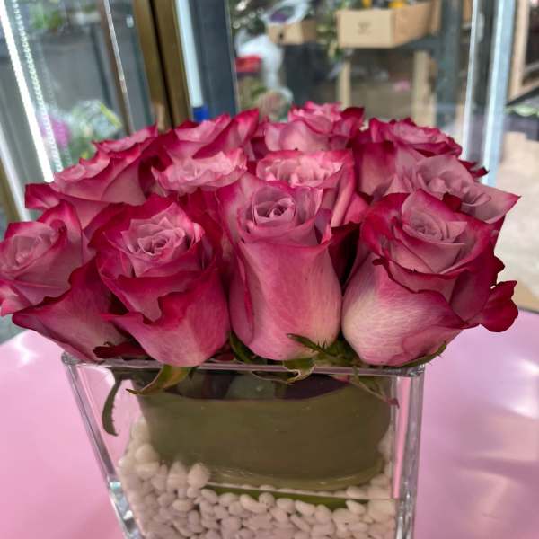 Pink roses arranged in a square glass vase with white stones