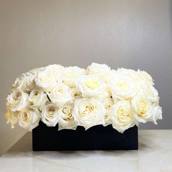 White roses arranged in a black rectangular box