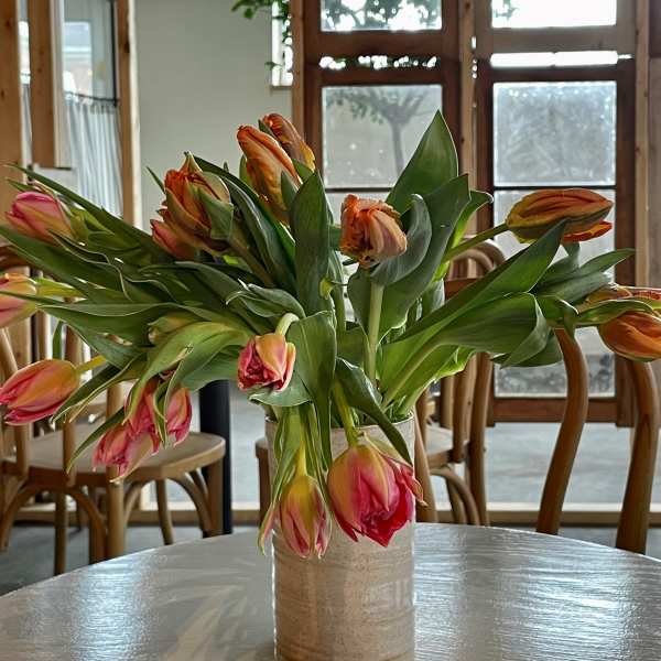 Bouquet of pink and orange tulips in a beige vase