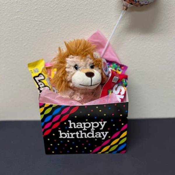 Birthday gift bag with a plush lion, candy, and a balloon