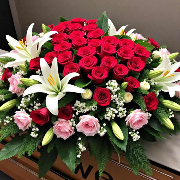 Casket spray of red and pink roses with white lilies