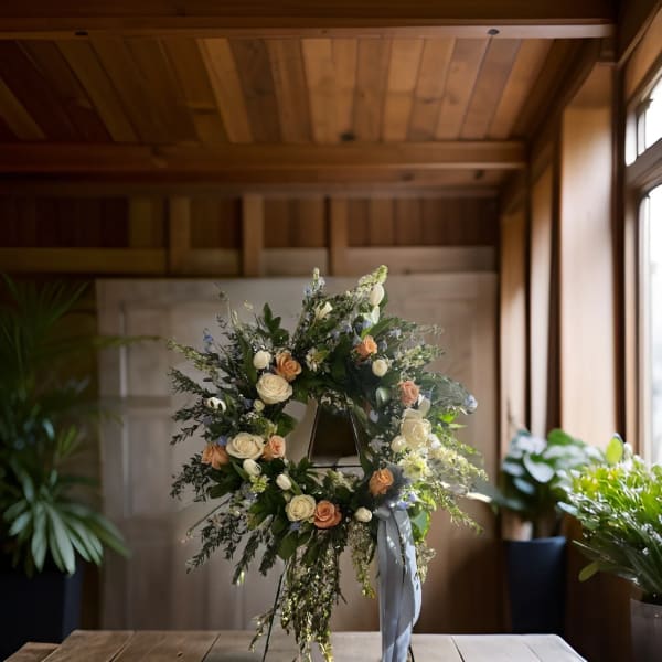 Floral wreath with cream and peach roses on a stand