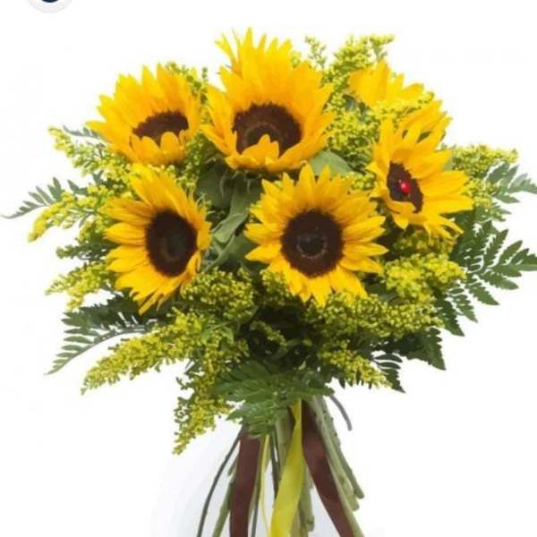 Bouquet of sunflowers with yellow filler and greenery