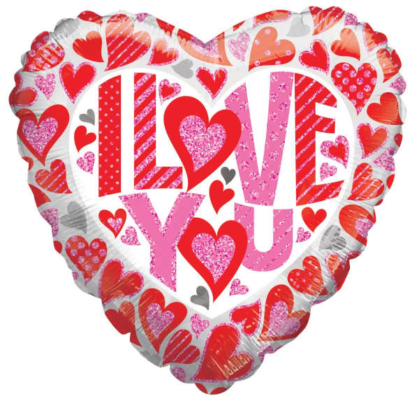 Heart-shaped balloon with "I LOVE YOU" and red-pink heart patterns