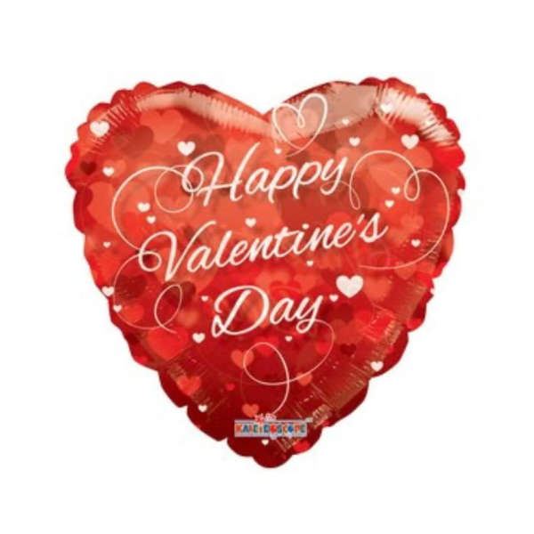 Heart-shaped red Valentine’s Day balloon with white lettering